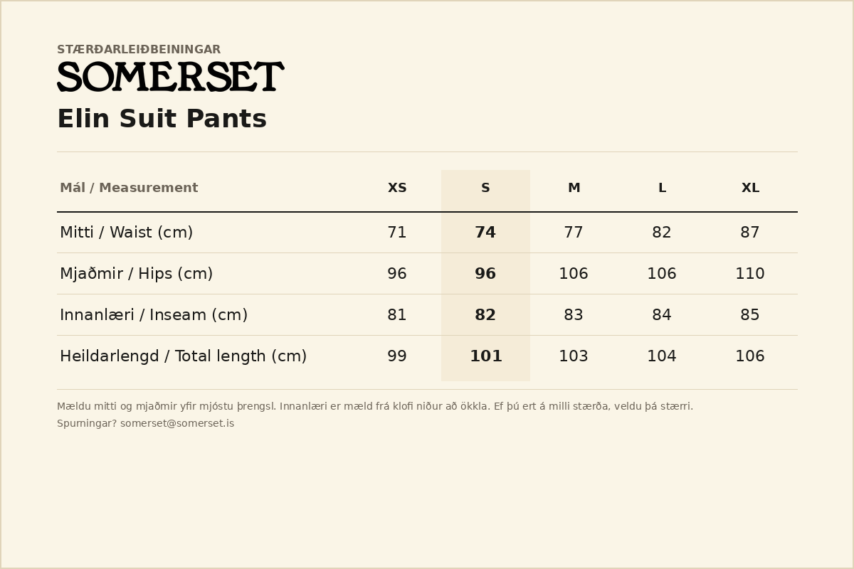 Elin Suit Pants — stærðarleiðbeiningar