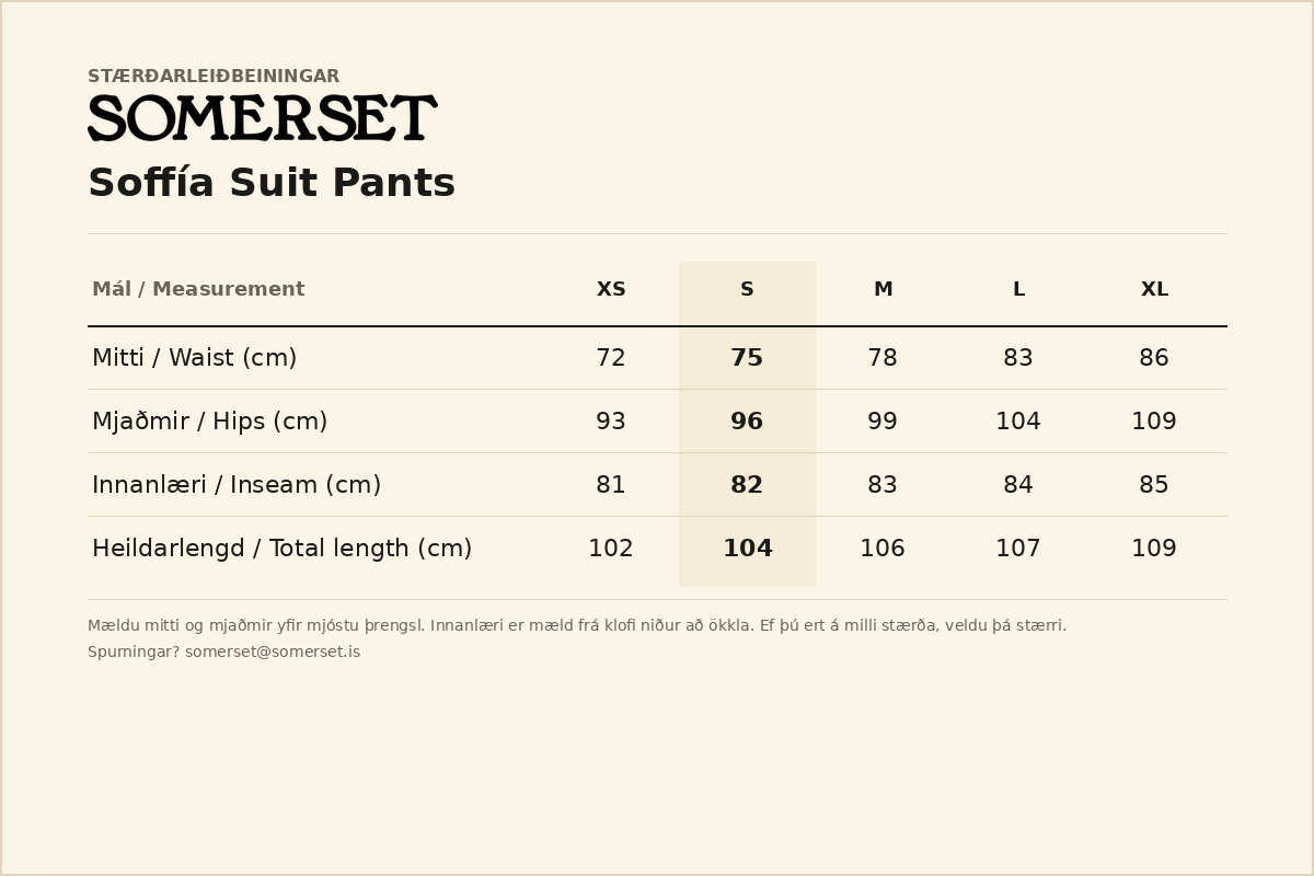 Soffía Suit Pants — stærðarleiðbeiningar